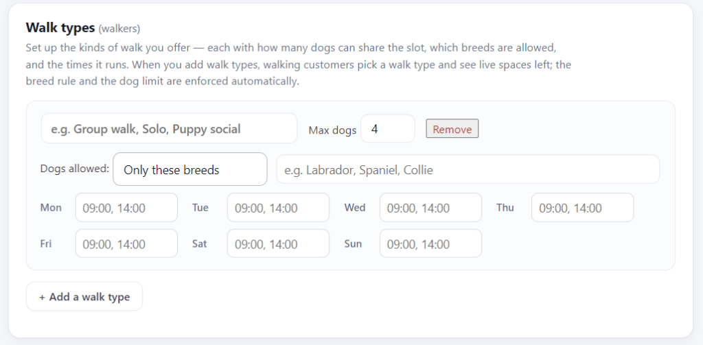 Walk types with limits & breed rules screenshot