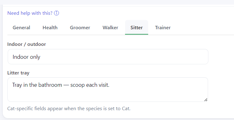 Species-aware care records screenshot